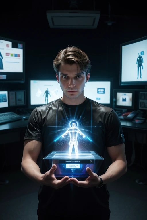 Creates an image of a man with his arms raised in front of a transparent holographic screen selecting a product from different companies or brands in boxes with very famous logos, like in the movie Minority Report.