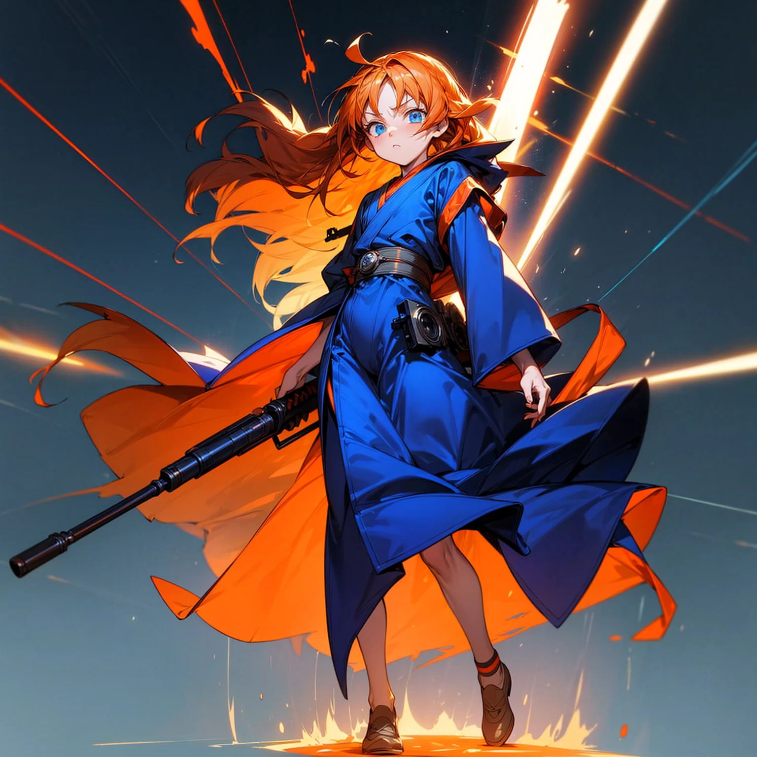 Ultra detailed, full background, Full body version, motion blur, plasma, lens blur, overlay color, overlay blending, lighten blending, chromatic aberration, hd, ultra hd, (Hunter x hunter style), , blue eyes, orange hair, long Shaggy hairstyle, fire, lighting fire, smoke, shadow
