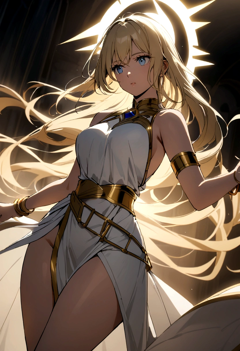 Create a beautiful woman with blue eyes and blonde hair, she white tunic, with gold bracelets, and a golden halo of energy over your head, she has a beautiful body with medium breasts and thighs too, at the waist there is a golden belt