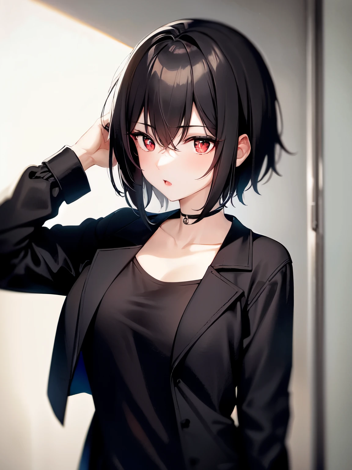 1girl, solo, (mature female:0.5), (pale skin:0.8), red eyes, black hair, (wavy hair:0.1), messy hair, short hair, hair between eyes, wolfcut, pixie cut, goth, black jacket, black shirt, red bra, black plaid skirt, black pants