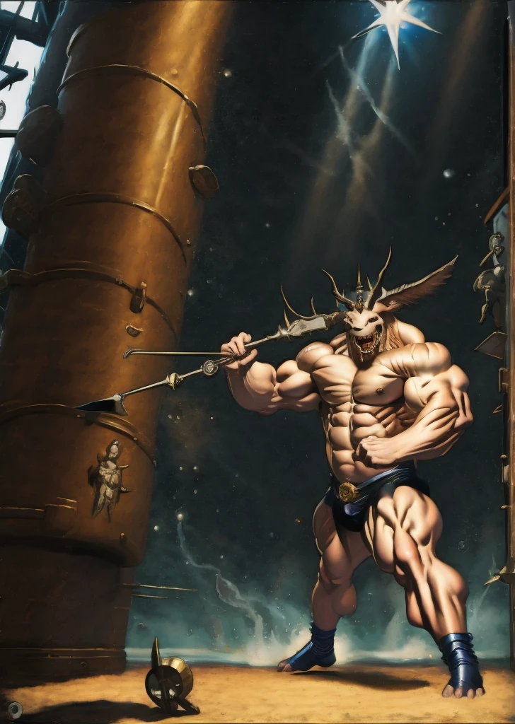 a muscular monster dueling in an arena