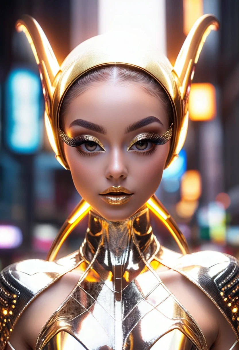 An otherworldly creature with large, expressive eyes and long, thick eyelashes stands in a dramatic pose, leaning forward slightly. This skinny being is adorned in an elaborate, oversized outfit that contrasts sharply with its slender frame. The scene is rendered in striking 3D, capturing every intricate detail of the creature's unique appearance and attire. The creature's big eyes seem to shimmer with an inner light, drawing the viewer into its mysterious, alien presence.