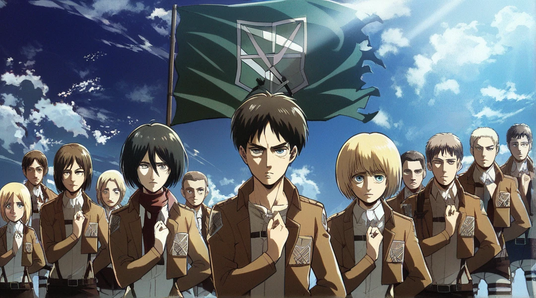 attack on titan characters saluting, amazing quality 4k, perfect eyes, perfect faces, perfect proportions, tailored clothing, high quality clothing, light beams, amazing blue sky, clouds,