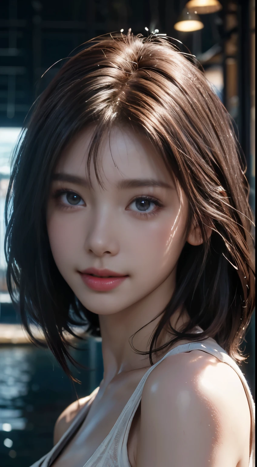 (logo, masterpiece, 8K, Tabletop, RAW Photos, wonderful, 最high quality, Photorealistic and very detailed CG composite 8k wallpaper, high quality, Very detailed, Narrative poem, Particle Effects, Dynamic Effects, Depth of the Boundary, Cinematic Light, Lens flare, Ray Tracing), short hair beautiful young woman, Hair tied back, high detail skin, very fine, fine skin texture, beautiful face, realistic eyes, beautifully detailed eyes, realistic skin, beautiful skin, surreal, smiling eyes, Hair and light eyes, Vibrant, Colorful lights and bokeh. The lighting casts a warm glow on her face and hair, Blue glow, Water surface reflection, Creates a dreamy and magical atmosphere, Big Breasts, Brown Hair, short hair, plump lower lip, pink blush on the cheeks , pink lips, brown tight no-shoulder knit sweater