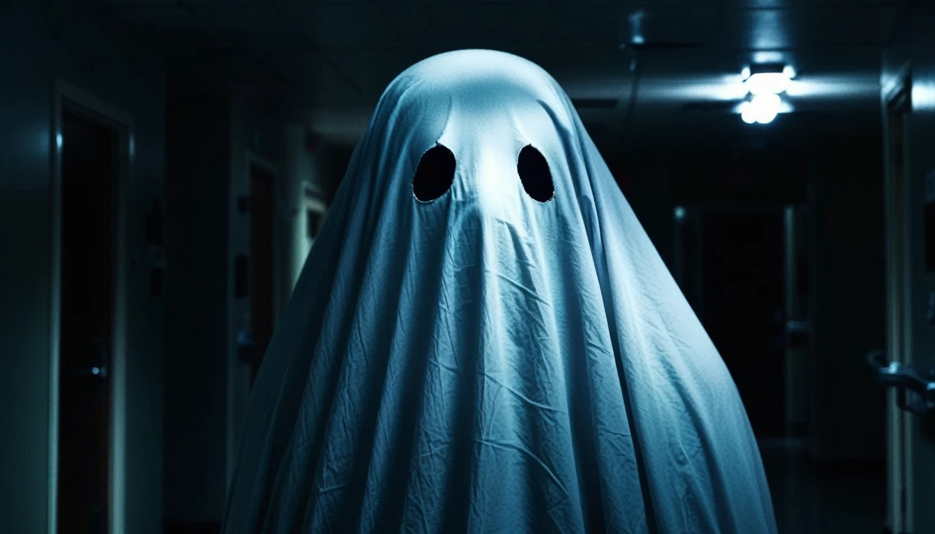 กลางแม่น้ำ very dark focused flash photo of sheetghost person at night in the hospital black background