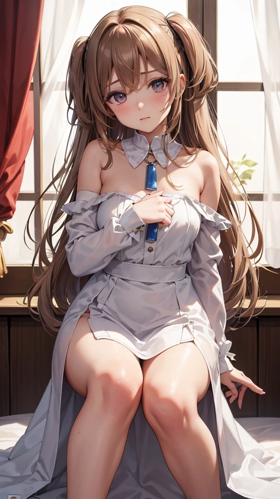 perfect photo (masterpiece, ultra-detailed), (ultra high res:1.5), (sharp focus), (insanely detailed), (perfect anatomy), super fine illustration, 1girl, light brown hair, crown braid, long hair, classical Maid, maid headdress, (topless:1.3),  , small cleavage