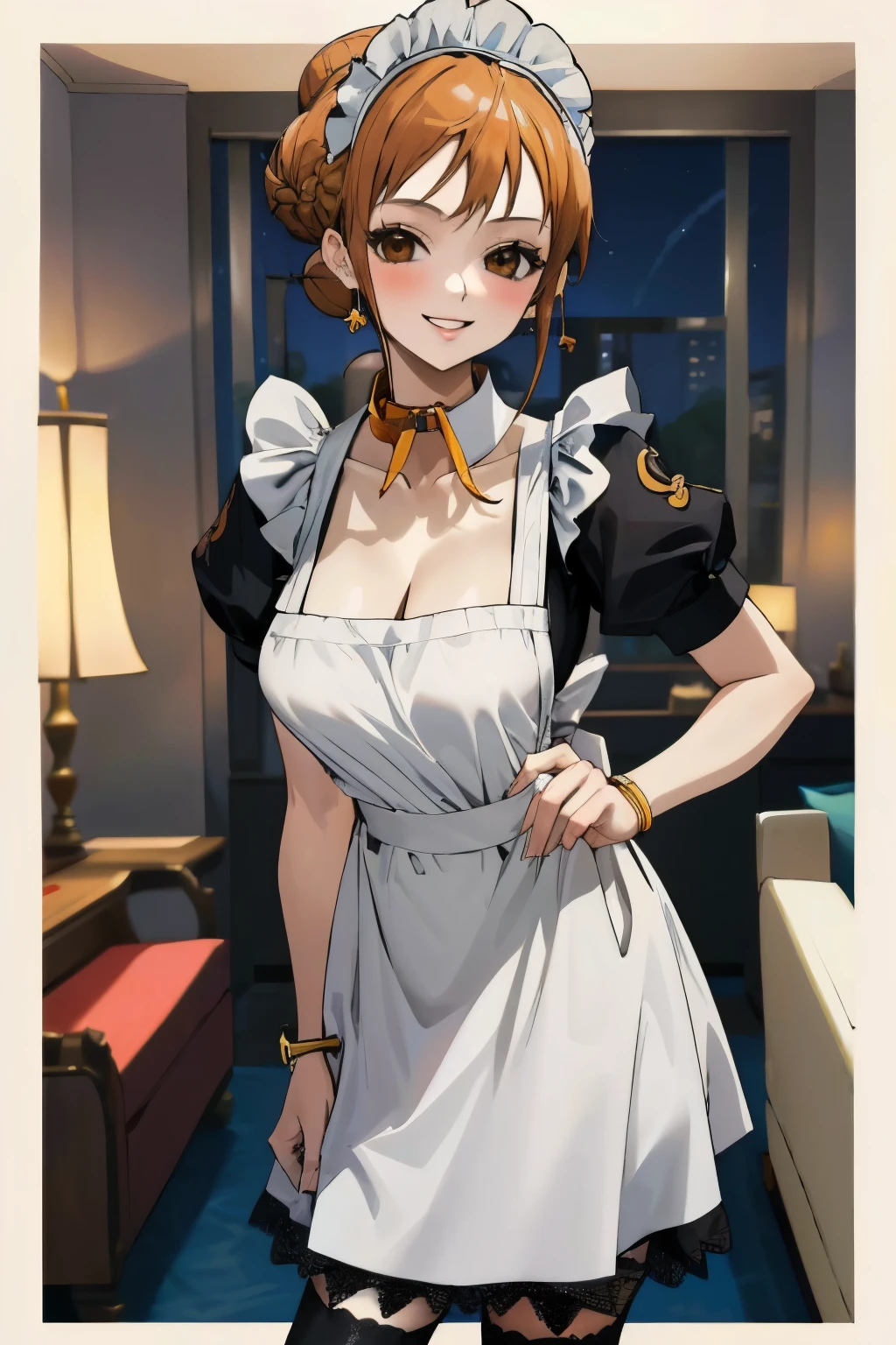 masterpiece, best quality, ultra-detailed, 1girl (namiop, Big and pretty breasts, jewelry, earrings, dog collar, orange hair, , single hair bun, brown eyes), smile, makeup, glow lips, facing viewer, looking at viewer, solo, maid(black), frill, apron, maid headdress, white lace thighhighs,ultra mini skirt,  wanostyle, night time, in the livingroom, standing, 