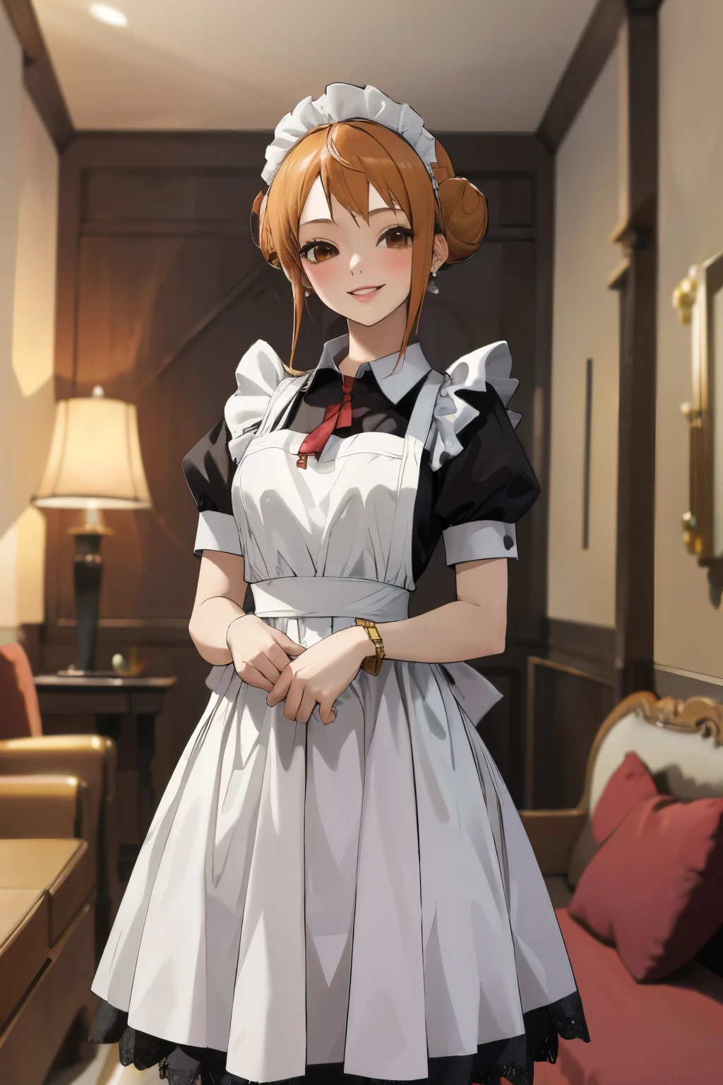 masterpiece, best quality, ultra-detailed, 1girl (namiop, Big and pretty breasts, jewelry, earrings, dog collar, orange hair, , single hair bun, brown eyes), smile, makeup, glow lips, facing viewer, looking at viewer, solo, maid(black), frill, apron, maid headdress, white lace thighhighs,ultra mini skirt,  wanostyle, night time, in the livingroom, standing, 