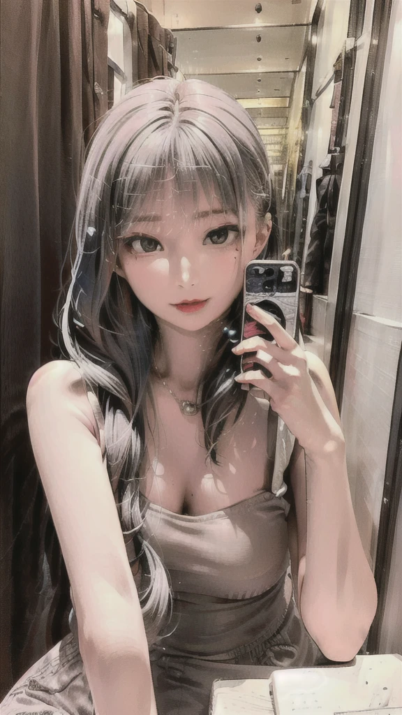 masterpiece, Highest quality,, 8k wallpaper, Very detailed, 1 girl, Sky blue hair, Long Hair, Detailed eyes, In front of the mirror、Taking a selfie、nude、whole body、cute