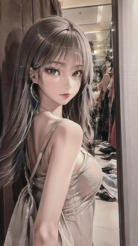 (masterpiece), best quality, 8K resolution, 3d, enlargement, Beautiful girl wearing suspenders dress, With a necklace, beautiful mole under left eye , perfect look, ((Beautiful detailed face)), (upper body: 1.3)(Lower body 1.2), black hair , delicate makeup, red lips, shiny lips, long eyelashes, With silver earrings, bright big eyes, eye shadow, Lying on a silkworm, movie lights, a cute girl, master work, high detail, colorful pictures, Light and shadow details, A very delicate beautiful girl, soft and fair skin, delicate facial features, perfect face, amazing beauty, extreme detail, realistic details, take a selfie with your mobile phone, clear focus: 1.2, 1 woman