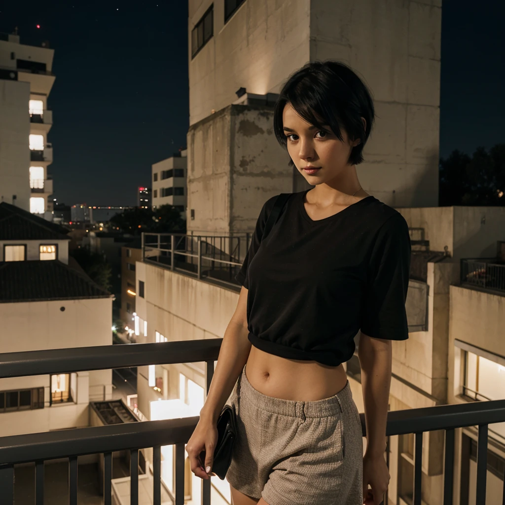 Girl with medium short black hair. At night on a balcony