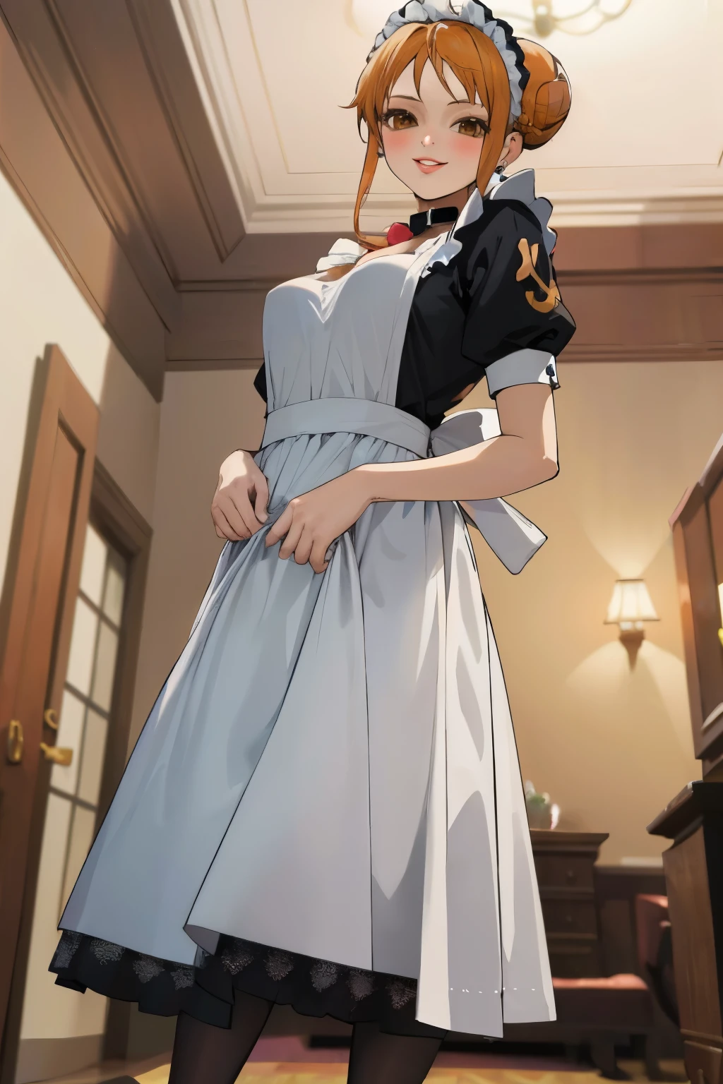 masterpiece, best quality, ultra-detailed, 1girl (namiop, Big and pretty breasts, jewelry, earrings, dog collar, orange hair, , single hair bun, brown eyes), smile, makeup, glow lips, facing viewer, looking at viewer, solo, maid(black), frill, apron, maid headdress, white lace thighhighs,ultra mini skirt, wanostyle, night time, in the livingroom, standing, from_below 