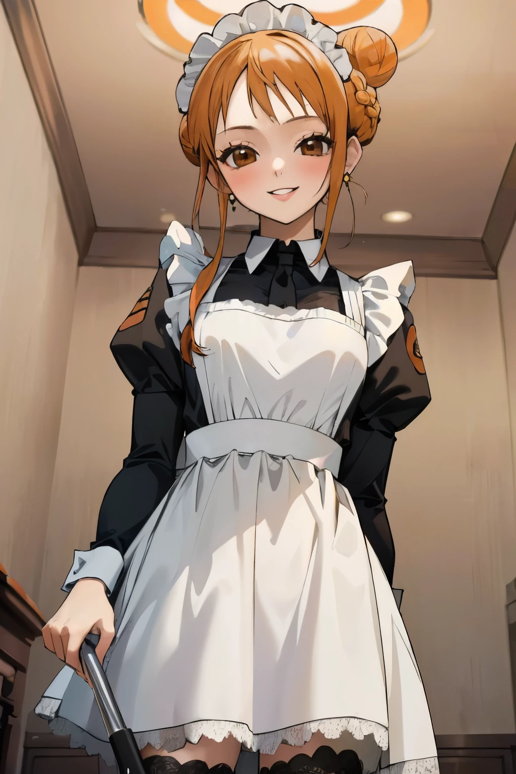 masterpiece, best quality, ultra-detailed, 1girl (namiop, Big and pretty breasts, jewelry, earrings, dog collar, orange hair, , single hair bun, brown eyes), smile, makeup, glow lips, facing viewer, looking at viewer, solo, maid(black), frill, apron, maid headdress, white lace thighhighs,ultra mini skirt, wanostyle, night time, in the livingroom, standing, from_below 