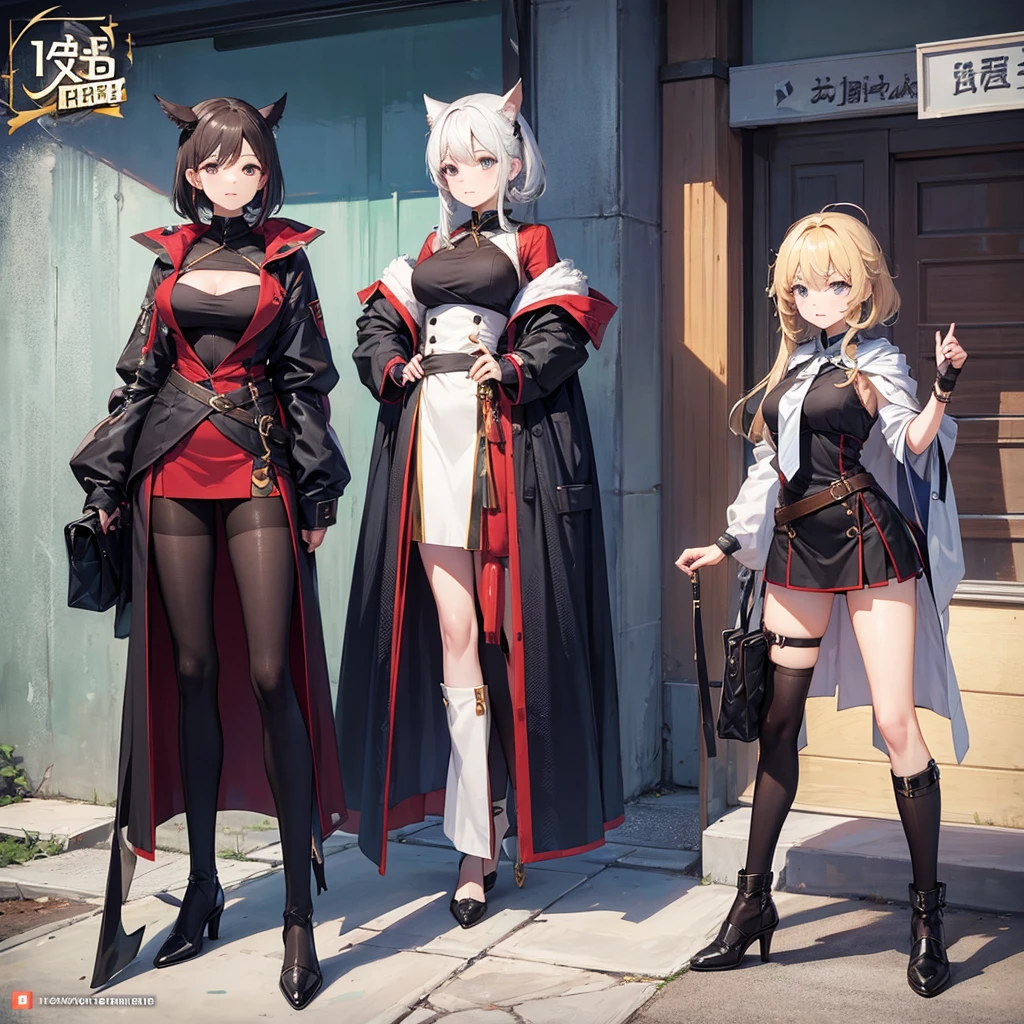 hunter、woman、, 4 poses,(Character Sheet:1) (Multiple Views Full Body Upper Body Reference Sheet:1)