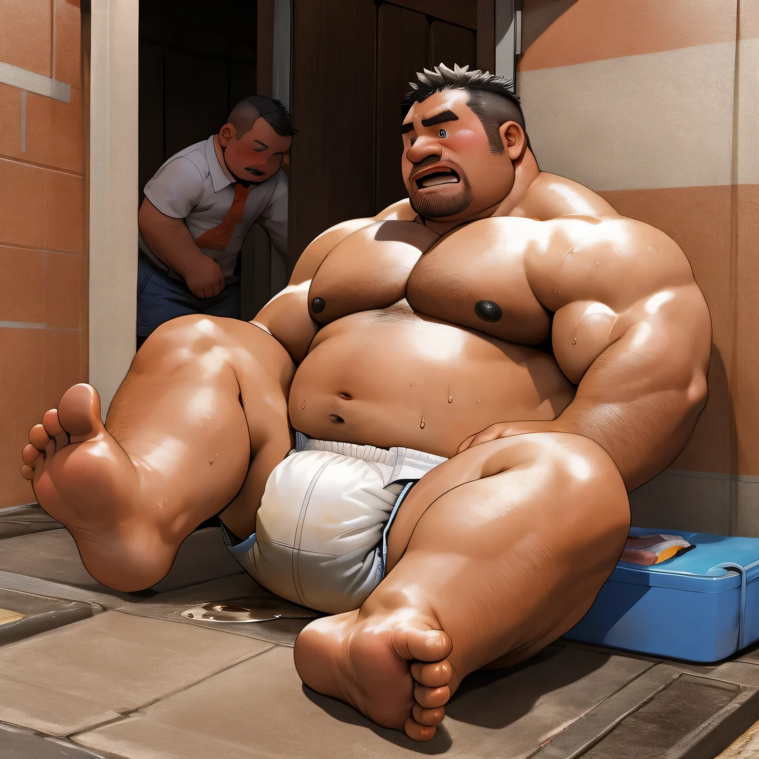 masterpiece, Top quality, in 32K, perfect anatomy, hyper detailed, super fine illustration, The thick man is a brutal prisoner, retarded, hairy human, 50yo in Japan, (fatness: 1.0), Fatty muscle, Bowleg, disappointment, incontinent, shy, sissy, Weaker than children, Drool, Round face, be diaper check by children, waddle, There is a small puddle under him, incontinent, Naked, short legs, Bowleg, spread legs, wear a White cloth Diaper, Bare belly, Bare legs, Bare foots, Bare soles, Shirtless, wide forehead and short thinning hair, Man with round face with stubble, Bare foots, Bare soles, He enters nursery school and is despised by children, He surrounded by children, His bottom is wet, Bare foots, big butt, he is scolded by the children, White Diaper, He surrounded by children, sobbing, wear a White cloth Diaper, shirtless, There is a small puddle under him, He enters nursery school and is despised by children, big butt, sobbing, He crawling to go to children, on all fours, side view