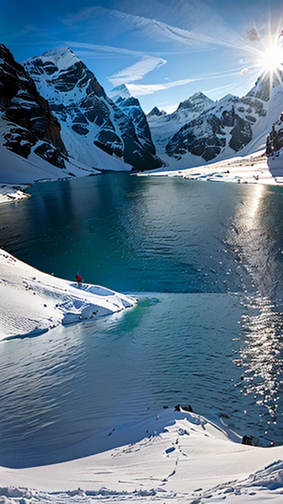 a view of a lake in the mountains with snow on the ground, with a snowy mountain and ice, mountains and lakes, mountain lake in sierra nevada, majestic snowy mountains, beautiful lake in the foreground, a lake between mountains, Andes, beautiful mountain background, snowy mountain background, beautiful lake, steep and sharp snowy mountains, in the Snowy Mountains, beautiful mountains behind