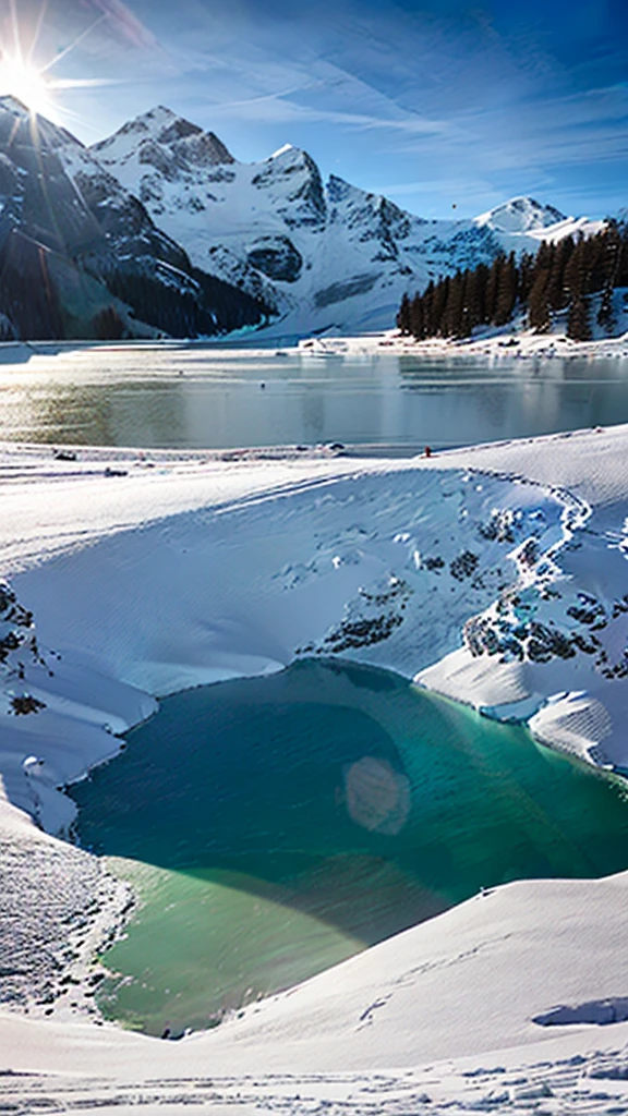 a view of a lake in the mountains with snow on the ground, with a snowy mountain and ice, mountains and lakes, mountain lake in sierra nevada, majestic snowy mountains, beautiful lake in the foreground, a lake between mountains, Andes, beautiful mountain background, snowy mountain background, beautiful lake, steep and sharp snowy mountains, in the Snowy Mountains, beautiful mountains behind