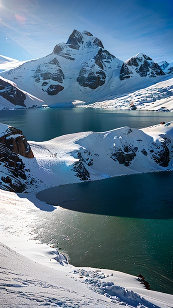 a view of a lake in the mountains with snow on the ground, with a snowy mountain and ice, mountains and lakes, mountain lake in sierra nevada, majestic snowy mountains, beautiful lake in the foreground, a lake between mountains, Andes, beautiful mountain background, snowy mountain background, beautiful lake, steep and sharp snowy mountains, in the Snowy Mountains, beautiful mountains behind
