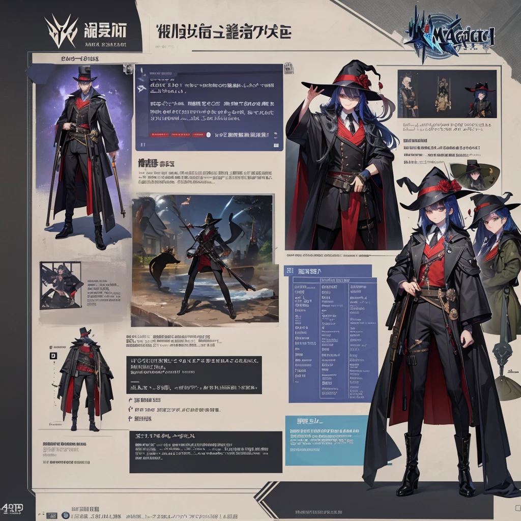 Magic Gun Master、He has a rifle.、Witch Hat、, 4 poses,(Character Sheet:1) (Multiple Views Full Body Upper Body Reference Sheet:1)