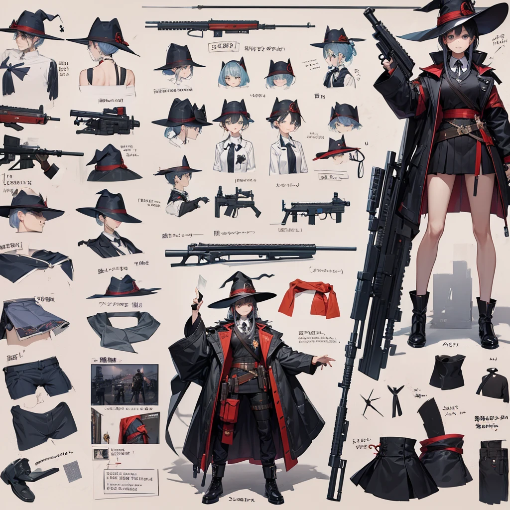 Magic Gun Master、He has a rifle.、Witch Hat、, 4 poses,(Character Sheet:1) (Multiple Views Full Body Upper Body Reference Sheet:1)