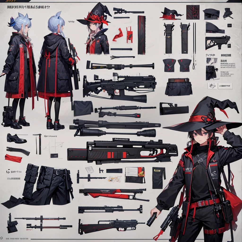 Magic Gun Master、He has a rifle.、Witch Hat、, 4 poses,(Character Sheet:1) (Multiple Views Full Body Upper Body Reference Sheet:1)