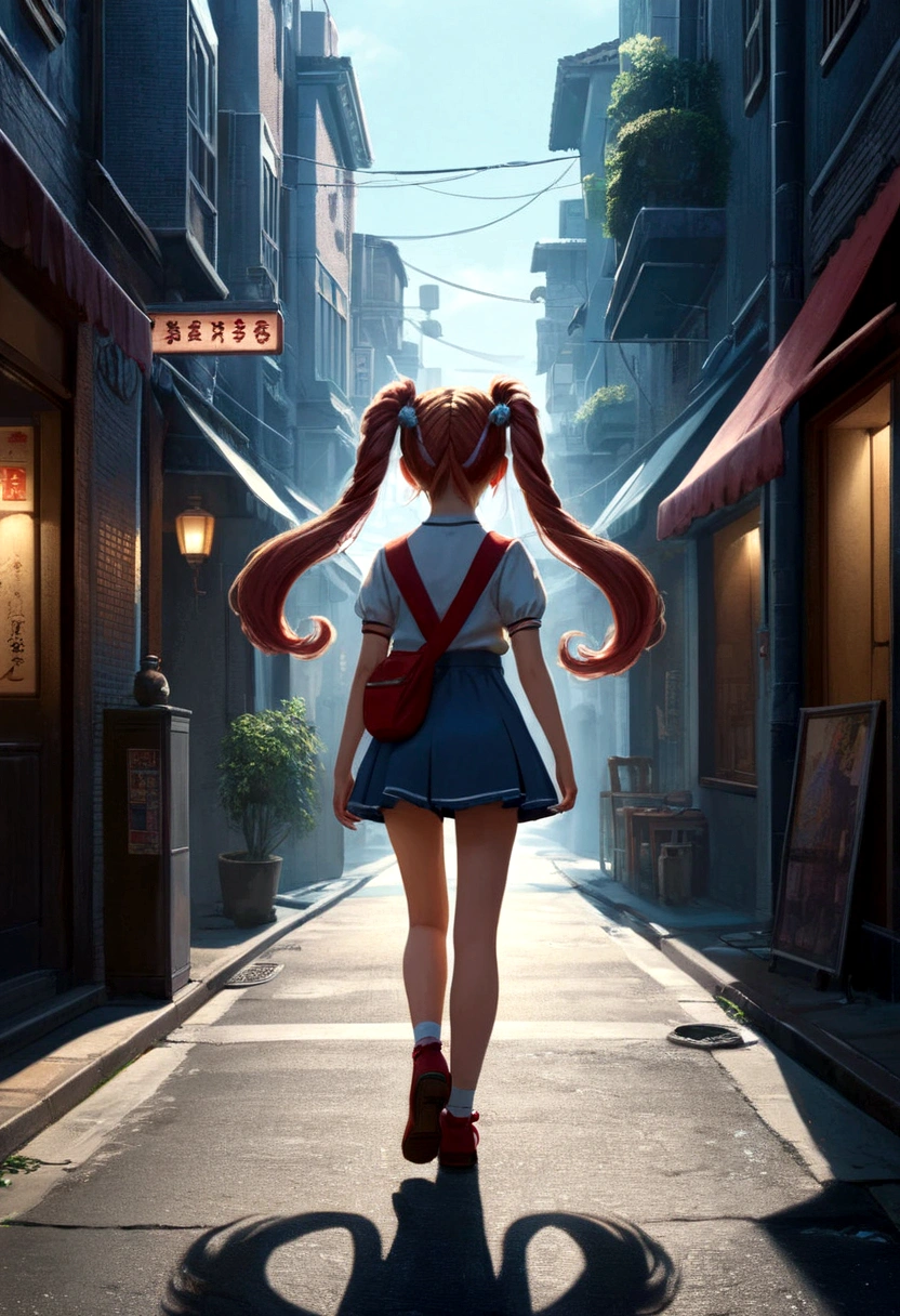 A girl, Twin Tails, street, full body, cinematic still, cinemascope, best quality, masterpiece, very aesthetic, perfect composition, intricate details, ultra-detailed