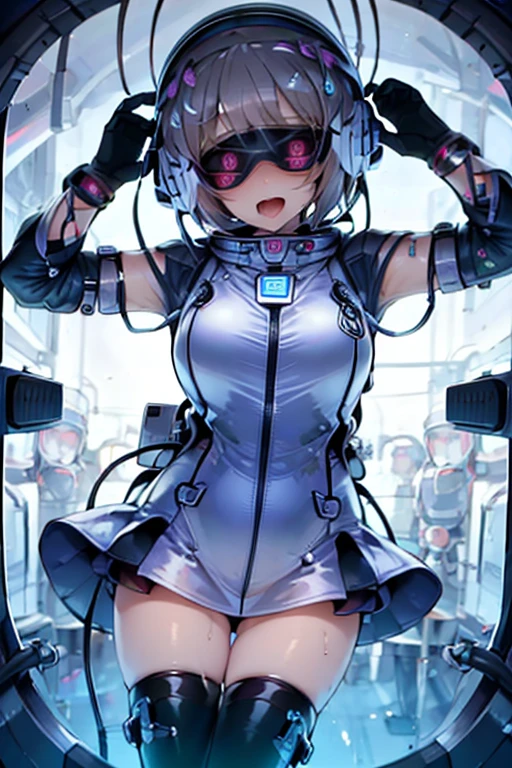1 Girl, whole body, (space helmet):10,He has a large metal helmet on his head that covers his hair and eyes., tube, wire, She gets electrocuted, brainwashing,astrovest,bing_astronaut,blush,torogao,