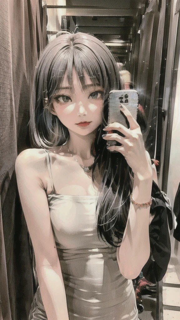(masterpiece), best quality, 8K resolution, 3d, enlargement, Beautiful girl, With a necklace, beautiful mole under left eye , perfect look, ((Beautiful detailed face)), (upper body: 1.3)(Lower body 1.2), black hair , delicate makeup, red lips, shiny lips, long eyelashes, With silver earrings, bright big eyes, eye shadow, Lying on a silkworm, movie lights, a cute girl, master work, high detail, colorful pictures, Light and shadow details, 매우 섬세한 Beautiful girl, soft and fair skin, delicate facial features, perfect face, amazing beauty, extreme detail, realistic details, take a selfie with your mobile phone, clear focus: 1.2, 1 woman