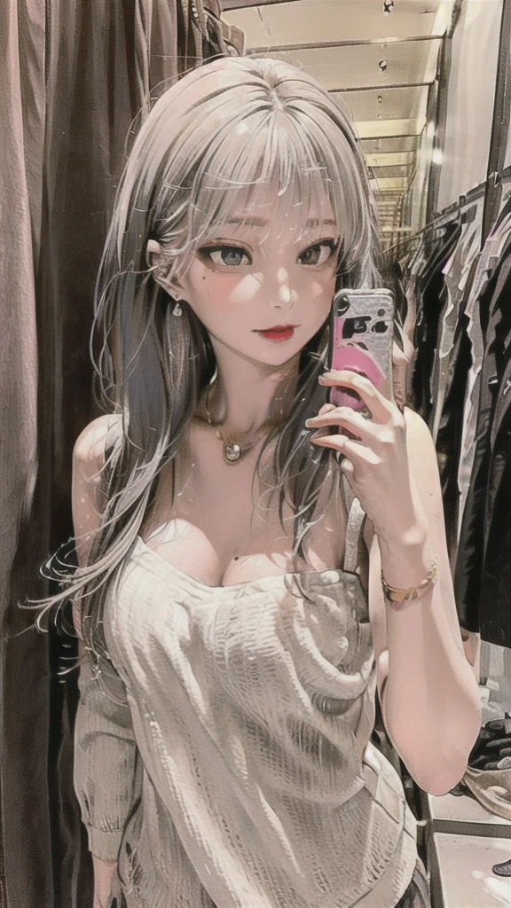 (masterpiece), best quality, 8K resolution, 3d, enlargement, Beautiful girl, With a necklace, beautiful mole under left eye , perfect look, ((Beautiful detailed face)), (upper body: 1.3)(Lower body 1.2), black hair , delicate makeup, red lips, shiny lips, long eyelashes, With silver earrings, bright big eyes, eye shadow, Lying on a silkworm, movie lights, a cute girl, master work, high detail, colorful pictures, Light and shadow details, 매우 섬세한 Beautiful girl, soft and fair skin, delicate facial features, perfect face, amazing beauty, extreme detail, realistic details, take a selfie with your mobile phone, clear focus: 1.2, 1 woman