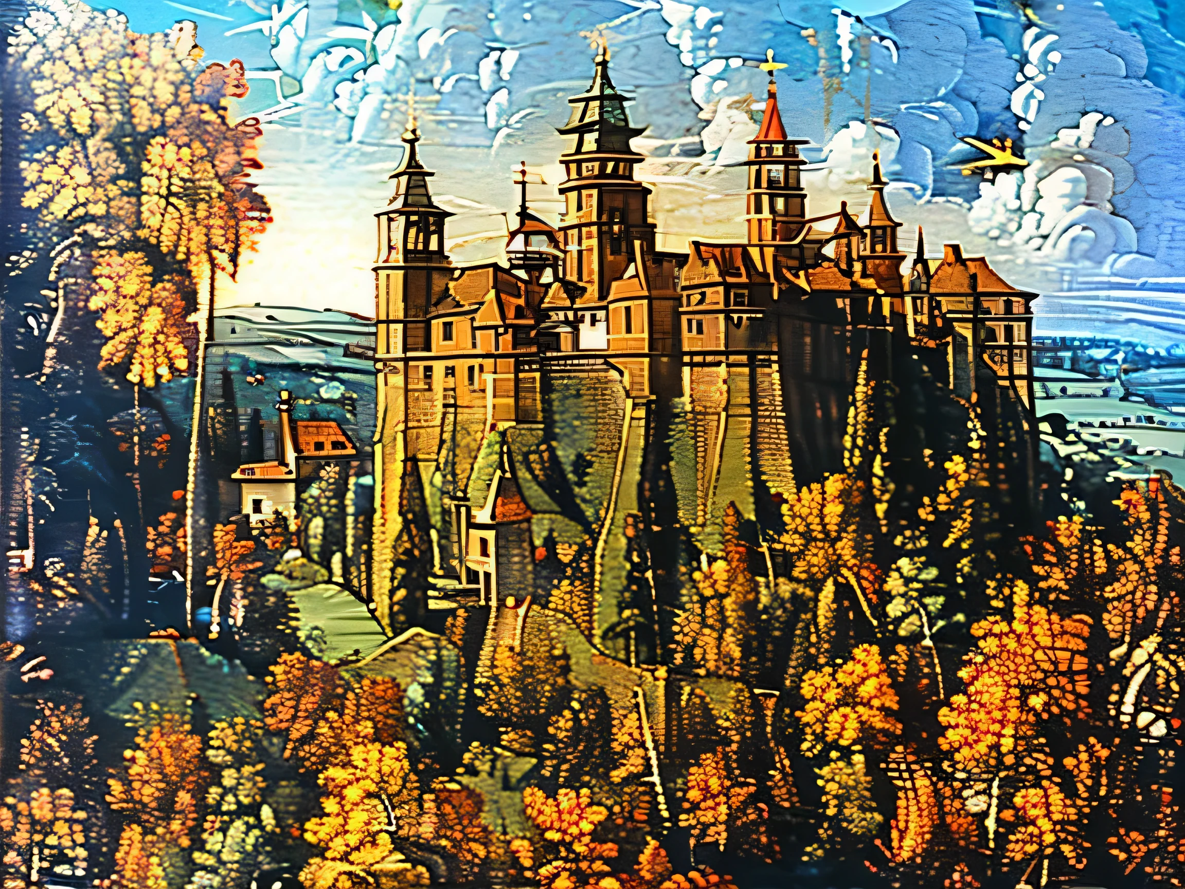 (masterpiece) (((in the style of Albrecht Durer))), color tones are predominantly dark orange and brown, it's dusk, a dirt road is passing by a Renaissance era castle, ((three medieval knights in black armors are racing on motorcycles)), (in the background a herd of cows is grazing in a pasture), (a helicopter is shooting rockets at the castle), German Renaissance painting style