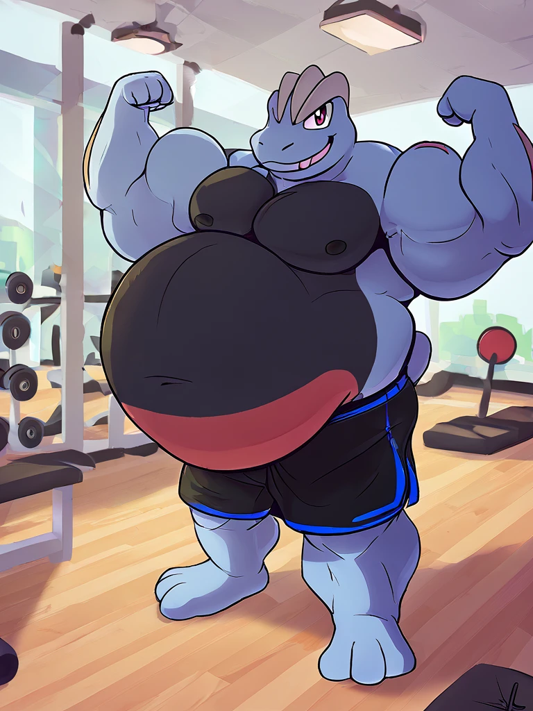score_9_up, solo, male Machoke, anthro, male, pokemon, pokemon \(species\), generation 1 pokemon, shirtless, black gym shorts, smirk, flexing, gym, inflating, blimpbelly