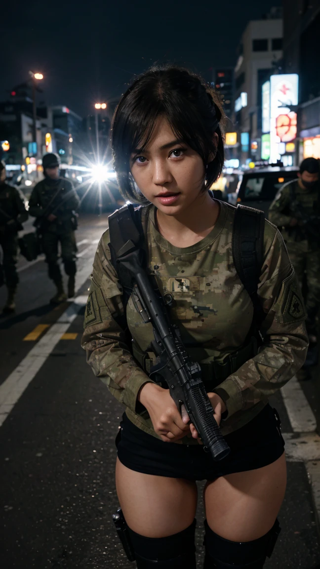 {{Masterpiece、best quality、Very detailed CG、16 ก、film light、lens flare}}、blurred background、(One girl soldier aimsing a huge rifle)、Day 24、Bold、Clean, white teeth、realistic:1.4、black short hair 、blue eyeany weaponilitary helicopter:1.6))、special forces、war、Shinjuku at night、from above view、aims、aims、Knee shot、Wide viewing angle、Fight zombies