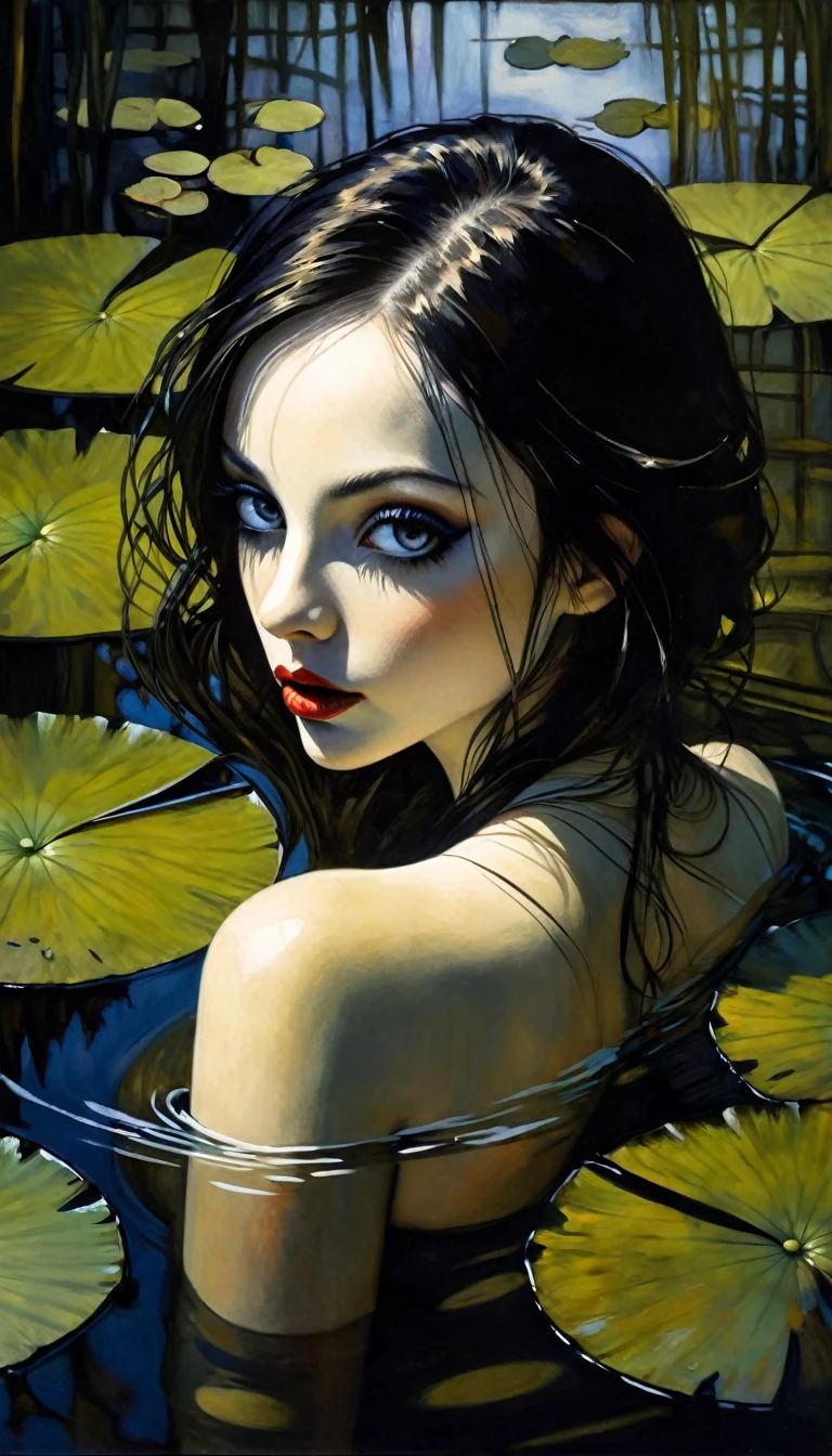 eroticism, sexy, black and white image, between shadows,in the water of a dark swamp with water lilies, oil painting, dramatic lighting, dramatic contrast, chiaroscuro, detailed face, sensual expression, elegant pose, female figure, mysterious, moody, cinematic, dark romantic, Bill Sienkiewicz inspired, dark atmosphere, powerful composition, dramatic shadows, high quality, photorealistic, masterpiece (best quality,4k,8k,highres,masterpiece:1.2),ultra-detailed,(realistic,photorealistic,photo-realistic:1.37),intricate details,vivid colors,sharp focus,professional,Dave McKean artwork, oil touch of surrealism,oil painting style,portrait,woman,beautiful detailed eyes,beautiful detailed lips,dreamlike atmosphere,shadow play,soft lighting,playful pose,dark hues,ethereal background,fantasy elements,texture,layered composition.