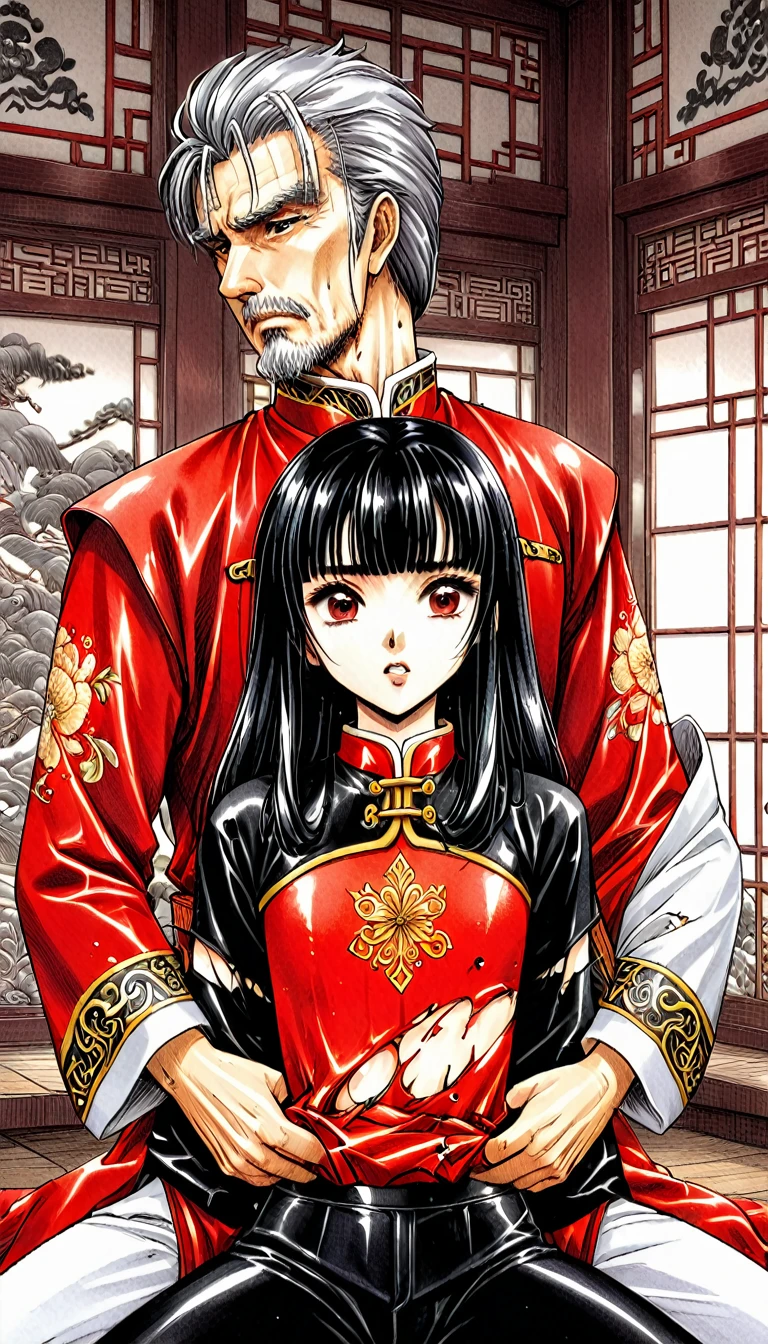 A tragic historical drama in 8k live-action style: Beautiful palace secrets　Beautiful 10 year old Chinese Kung Fu girl princess with short black hair has very rough unwanted sex with old man emperor　Gorgeous embroidery, Ultra glossy, She is wearing a shiny red top and bottom long sleeve floral kung fu suit....　　Her pants were forcibly torn off by the old man, exposing her genitals.