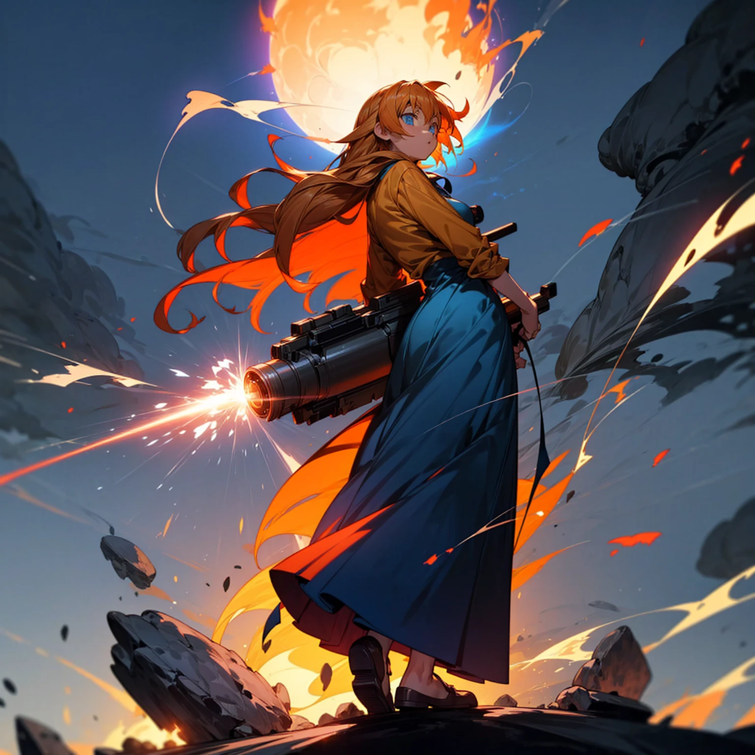 Ultra detailed, full background, Full body version, motion blur, plasma, lens blur, overlay color, overlay blending, lighten blending, chromatic aberration, hd, ultra hd, (Hunter x hunter style), girl, blue eyes, orange hair, long Shaggy hairstyle, fire, lighting fire, smoke, shadow, lighting blue, moon, lighting blue moon