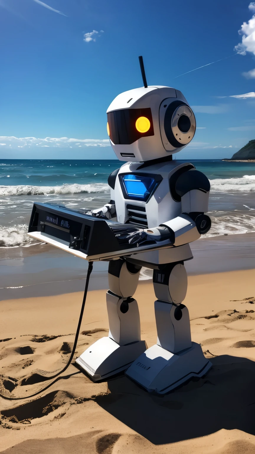 criar um robot playing KEYBOARD ON BEACH, WHITE, UNIFORM METALIC, eletronic style, on A SUNNY BEACH, STYLE. 8K,ON BEACH, UNIQUE UNIVERSE ROBOT