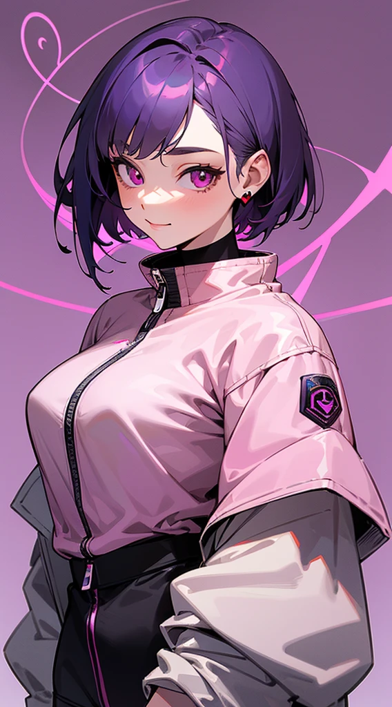 Top Quality, 8K, 4K, High Definition, Detail, (better-quality, 8K, 12), top-quality, 1 girl、only showing her face, she has purple hair, wearing a yellow pin on her right side of her hair, she has her hands together, she looking at you, she is smiling at you, medium breast, her jacket color dark gray with a pink zipper, pink eyes, showing her face and chesat, short hair long as her neck, (only showing half of her body) her jacket is loose. she is wearing earing only right ear shaped has a heart,