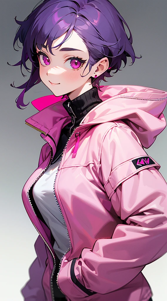 Top Quality, 8K, 4K, High Definition, Detail, (better-quality, 8K, 12), top-quality, 1 girl、only showing her face, she has purple hair, wearing a yellow pin on her right side of her hair, she has her hands together, she looking at you, she is smiling at you, medium breast, her jacket color dark gray with a pink zipper, pink eyes, showing her face and chesat, short hair long as her neck, (only showing half of her body) her jacket is loose. she is wearing earing only right ear shaped has a heart,