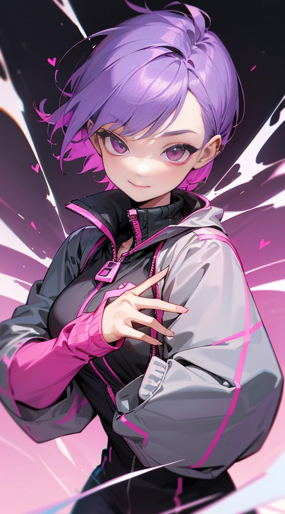 Top Quality, 8K, 4K, High Definition, Detail, (better-quality, 8K, 12), top-quality, 1 girl、only showing her face, she has purple hair, wearing a yellow pin on her right side of her hair, she has her hands together, she looking at you, she is smiling at you, medium breast, her jacket color dark gray with a pink zipper, pink eyes, showing her face and chesat, short hair long as her neck, (only showing half of her body) her jacket is loose. she is wearing earing only right ear shaped has a heart,