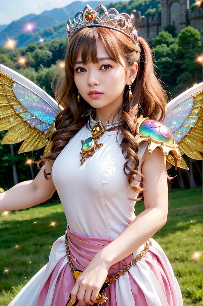 (Tabletop), Professional , masterpiece、Highest quality、Photo Real , Depth of written boundary （Gemstone Silver Metal Body:1.９),(Matt W White Pink、Jewel Gold Weapon、（Gorgeous castle background）、（The ultimate beauty）、（Rainbow fairy wings grow）、Particles of light、（Metal body of iridescent gemstones:1.９),Gorgeous jeweled metal weapons , Details of the Sword of the Brave ,（ Blonde）   ,Warhammer 40K , Acquired sisterhood,Detailed decorative jeweled crown、solo、Brown Hair、（Gangl Forest Background）、美しい白people美people、１people、Dynamic Angle,(((A luxurious diamond tiara with attention to detail)))、Small Face、Powerful pose、（Gorgeous castle background）、Large file size、Beautiful 20 year old woman、Stand in the center of the screen、Slender female fingers、Straight Long Hair、美しい白people美people、（maikurobiki）、Hair blowing in the wind、Look forward、Look at the viewers、