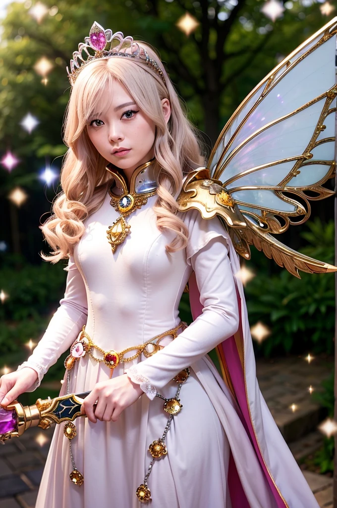 (Tabletop), Professional , masterpiece、Highest quality、Photo Real , Depth of written boundary (Gemstone Silver Metal Body:1.9),(Matt W White Pink、Jewel Gold Weapon、(Gorgeous castle background)、(The ultimate beauty)、(Rainbow fairy wings grow)、Particles of light、(Metal body of iridescent gemstones:1.9),Gorgeous jeweled metal weapons , Details of the Sword of the Brave ,( Blonde) ,Warhammer 40K , Acquired sisterhood,Detailed decorative jeweled crown、solo、Brown Hair、(Gangl Forest Background)、美しい白people美people、1people、Dynamic Angle,(((A luxurious diamond tiara with attention to detail)))、Small Face、Powerful pose、(Gorgeous castle background)、Large file size、Beautiful 20 year old woman、Stand in the center of the screen、Slender female fingers、Straight Long Hair、美しい白people美people、(maikurobiki)、Hair blowing in the wind、Look forward、Look at the viewers、