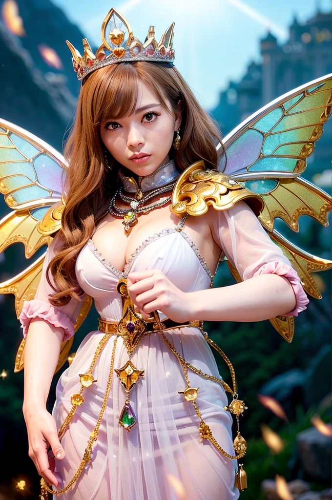 (Tabletop), Professional , masterpiece、Highest quality、Photo Real , Depth of written boundary （Gemstone Silver Metal Body:1.９),(Matt W White Pink、Jewel Gold Weapon、（Gorgeous castle background）、（The ultimate beauty）、（Rainbow fairy wings grow）、Particles of light、（Metal body of iridescent gemstones:1.９),Gorgeous jeweled metal weapons , Details of the Sword of the Brave ,（ Blonde）   ,Warhammer 40K , Acquired sisterhood,Detailed decorative jeweled crown、solo、Brown Hair、（Gangl Forest Background）、美しい白people美people、１people、Dynamic Angle,(((A luxurious diamond tiara with attention to detail)))、Small Face、Powerful pose、（Gorgeous castle background）、Large file size、Beautiful 20 year old woman、Stand in the center of the screen、Slender female fingers、Straight Long Hair、美しい白people美people、（maikurobiki）、Hair blowing in the wind、Look forward、Look at the viewers、