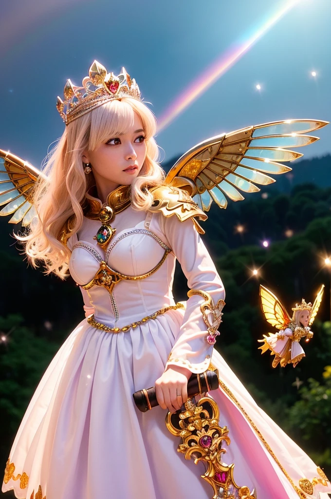 (Tabletop), Professional , masterpiece、Highest quality、Photo Real , Depth of written boundary (Gemstone Silver Metal Body:1.9),(Matt W White Pink、Jewel Gold Weapon、(Gorgeous castle background)、(The ultimate beauty)、(Rainbow fairy wings grow)、Particles of light、(Metal body of iridescent gemstones:1.9),Gorgeous jeweled metal weapons , Details of the Sword of the Brave ,( Blonde) ,Warhammer 40K , Acquired sisterhood,Detailed decorative jeweled crown、solo、Brown Hair、(Gangl Forest Background)、美しい白people美people、1people、Dynamic Angle,(((A luxurious diamond tiara with attention to detail)))、Small Face、Powerful pose、(Gorgeous castle background)、Large file size、Beautiful 20 year old woman、Stand in the center of the screen、Slender female fingers、Straight Long Hair、美しい白people美people、(maikurobiki)、Hair blowing in the wind、Look forward、Look at the viewers、