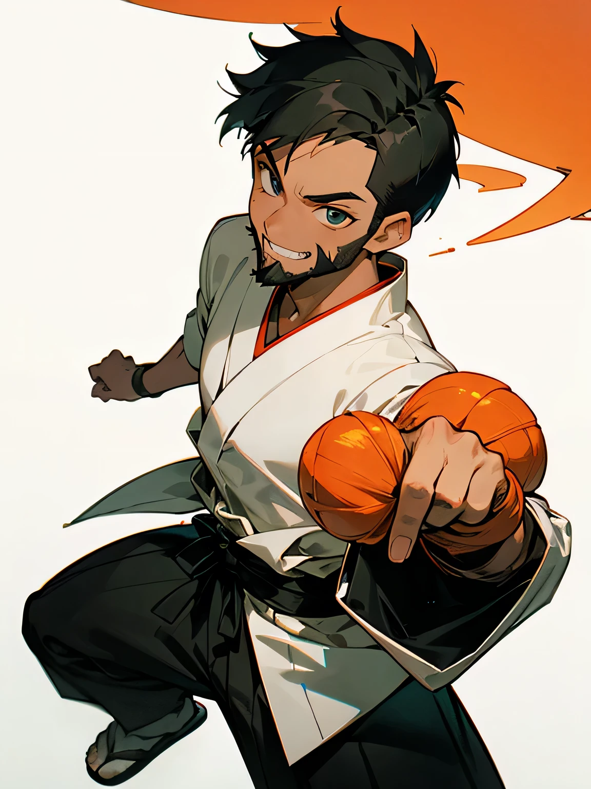 from above,looking at viewer,solo,dark skin,man,male eyes,male nose,male mouth,big forehead,(very short flipped black haircut),sidecut,backcut,beard:0.6,traditional Japanese summer clothing,grin,fighting stance,simple white background