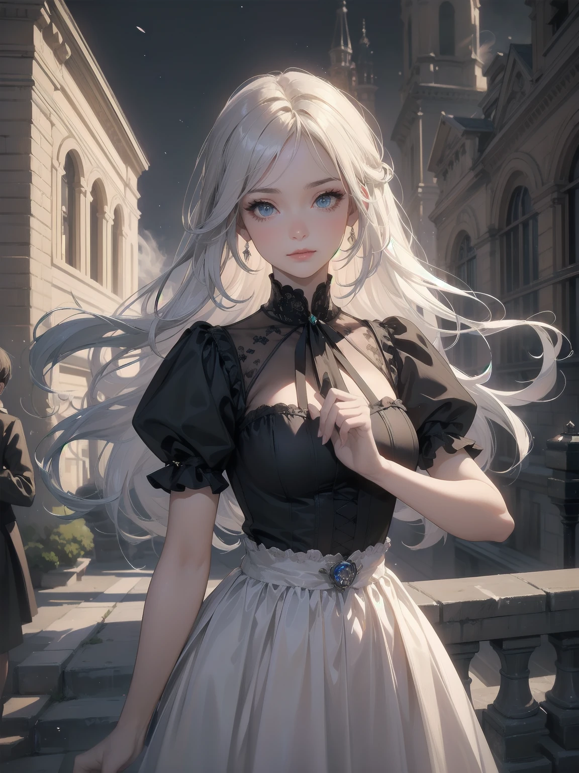 (Highest quality、16K、masterpiece、Ultra-high resolution、Victorian era、Photorealistic:1.2)、A delicate Lolita girl, aged 13, stands on a castle balcony at dusk, surrounded by the city's skyline and steampunk contraptions. Her platinum hair is messy, framing her androgynous charm. She wears a flowing white dress with a light green tie and holds a pocket watch in hand. A subtle smile plays on her lips as she gazes out at the night view, her eyes shining like sapphires. The air is filled with steam spewing from pipes, adding to the surreal atmosphere. Her skin glows with an ultra-dense texture, and her fingers are full and detailed.