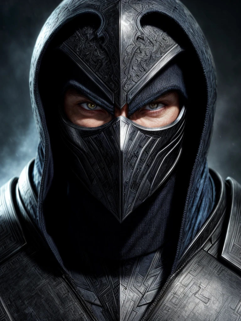 a portrait,close up head shot, sub zero from mortal kombat, detailed white eyes, black and sky blue armor, hood, veins on his arm, Intricate, High Detail, Sharp focus, dramatic, photorealistic painting art by greg rutkowsky,luis royo