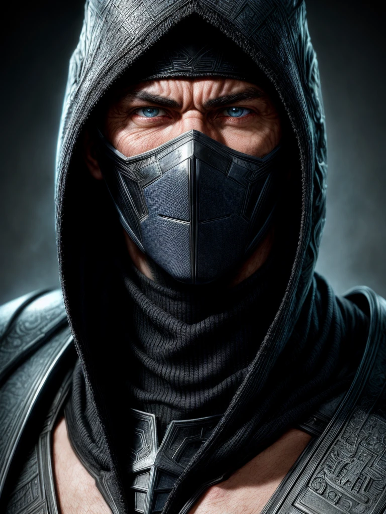 a portrait,close up head shot, sub zero from mortal kombat, detailed white eyes, black and sky blue armor, hood, veins on his arm, Intricate, High Detail, Sharp focus, dramatic, photorealistic painting art by greg rutkowsky,luis royo