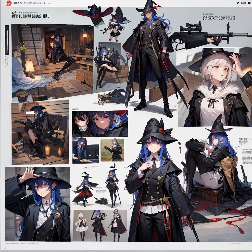 Magic Gun Master、He has a rifle.、Witch Hat、smile, 4 poses,(Character Sheet:1) (Multiple Views Full Body Upper Body Reference Sheet:1)