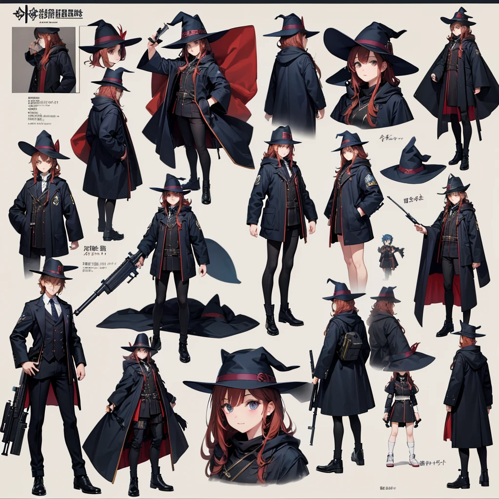 Magic Gun Master、He has a rifle.、Witch Hat、☺, 4 poses,(Character Sheet:1) (Multiple Views Full Body Upper Body Reference Sheet:1)
