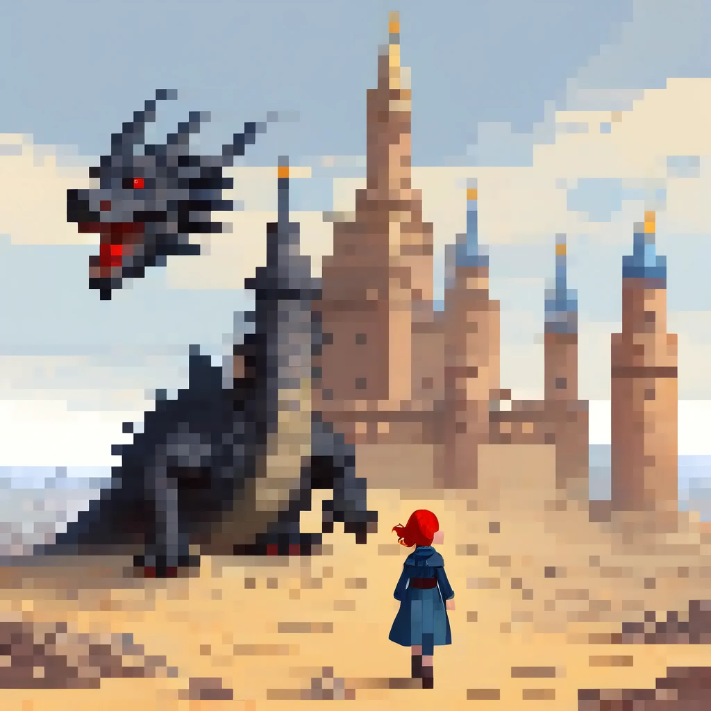 masterpiece, illustration, ((Huge military fortress of Babel made of carved stone,Standing in the distant desert land)), (Tower of Babel), Light blue sky, Sunlight, FOG, shadow, Dark grass with stones, Uninhabitable, barren land, nature, (Mountains), Unsaturated, (Little girl in a dark blue coat walks towards the castle in the distance), Medium-length red hair, Moscow, Soviet Union, (A black dragon with red eyes flying over the fortress)